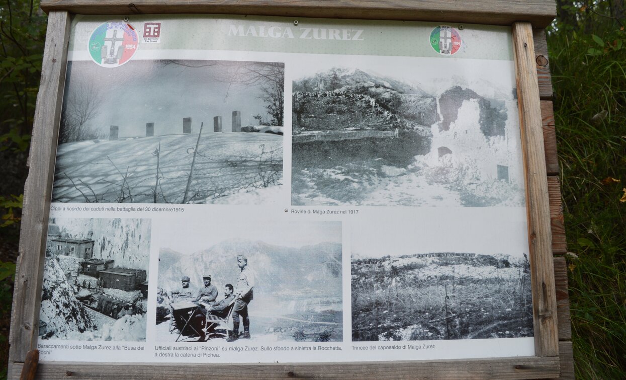 Board at Malga Zures with pics and info about WW1 | © A. Pizzato - montagnadiviaggi.it, Garda Trentino