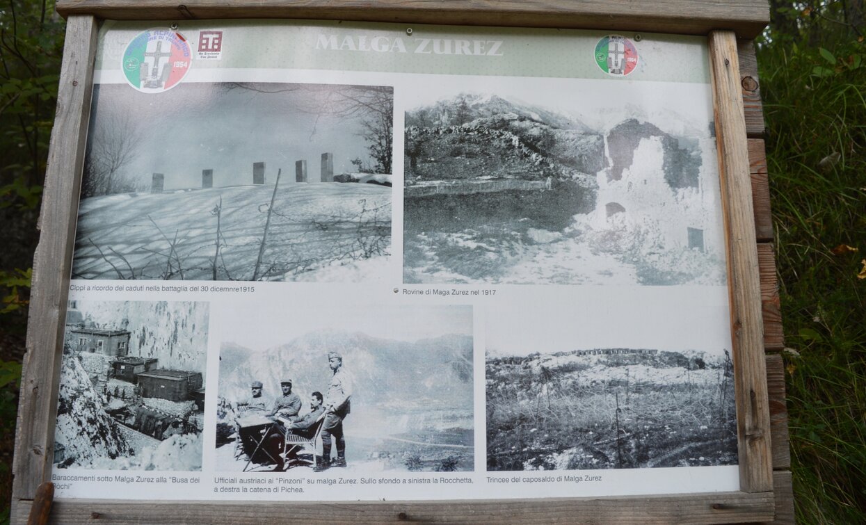 Information board at Malga Zures with photos and information about the First World War | © A. Pizzato - montagnadiviaggi.it, Garda Trentino Information board at Malga Zures with photos and information about the First World War | © A. Pizzato - montagnadiviaggi.it, Garda Trentino